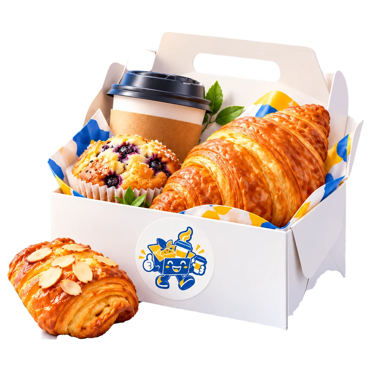 กล่อง Snack Box BreakHub ใส่ครัวซองต์ มัฟฟินบลูเบอร์รี่ และกาแฟ พร้อมครัวซองต์อัลมอนด์ด้านหน้า