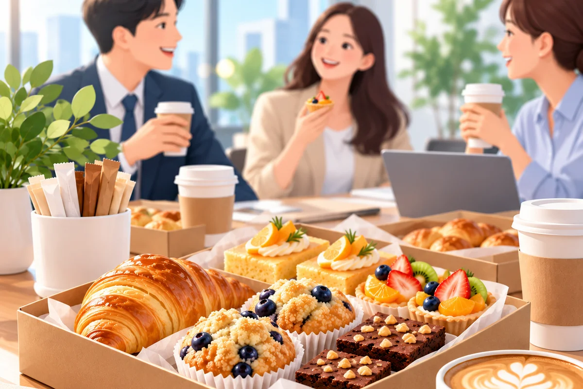 ภาพวาดพนักงานบริษัทกินขนมเบรกด้วยกันในออฟฟิศ